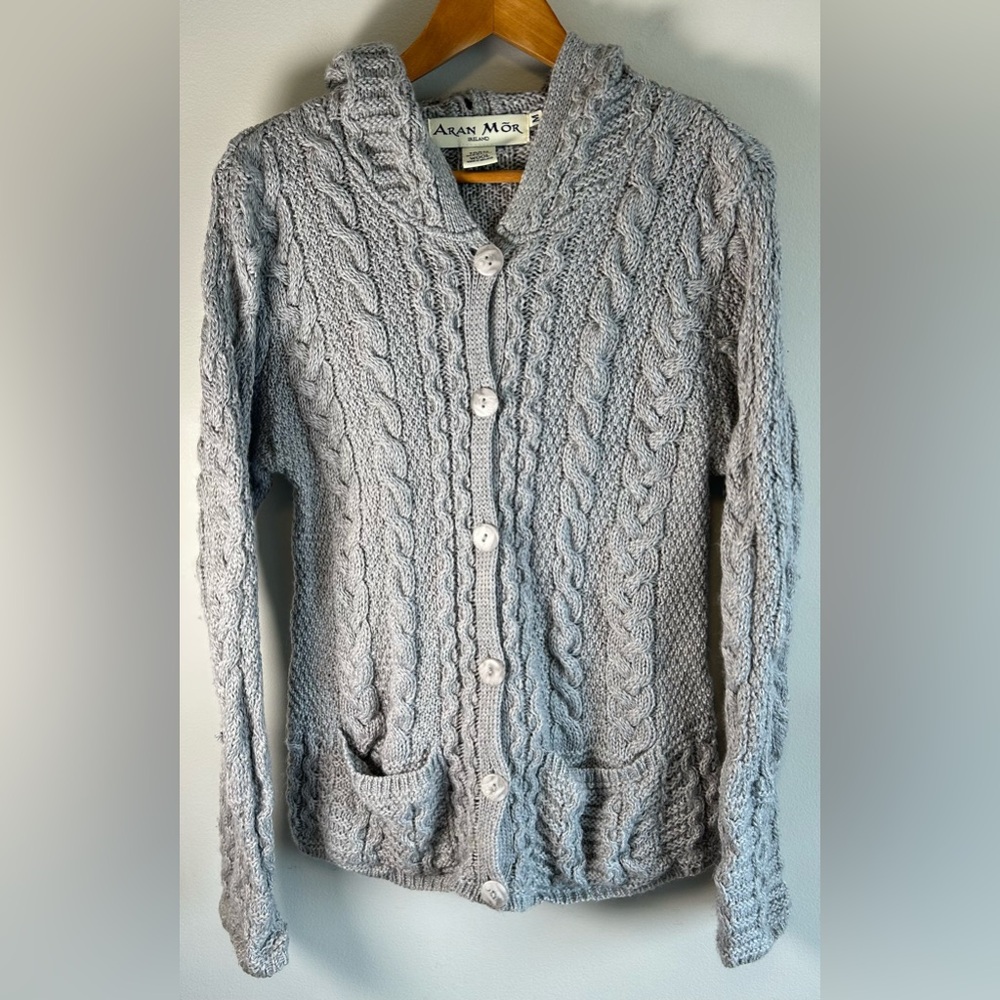 Aran Mor Women’s Cardigan Size M Gray Merino Wool Cable Knit Hooded Ireland